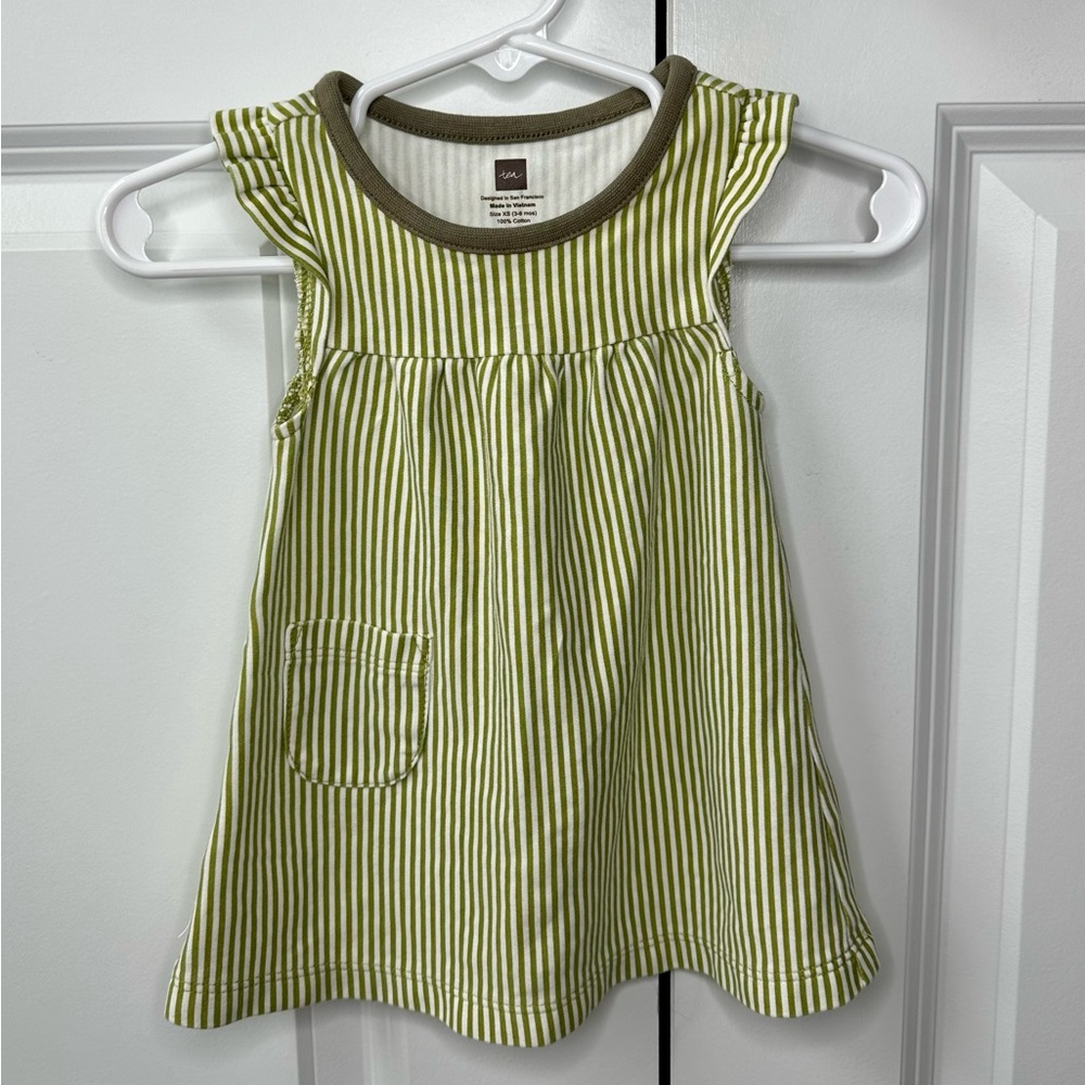 Tea Collection Infant Girl Green and White Pinstriped Dress (Size XS 3-6 Months)